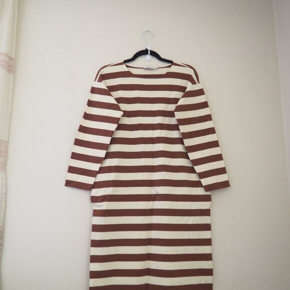 Tory Burch Jersey Striped Long Sleeve Midi Dress in Dark Auburn French Cream - Picture 6 of 11